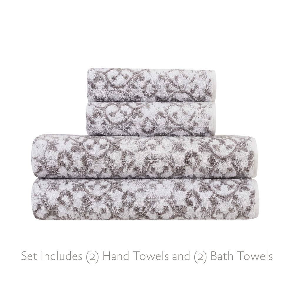 Aziza Gray and White Cotton Towel Set, 4 Pieces