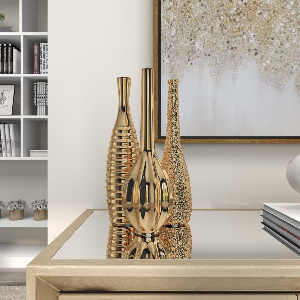 Gold Slim Textured Ceramic Vase Set of Three