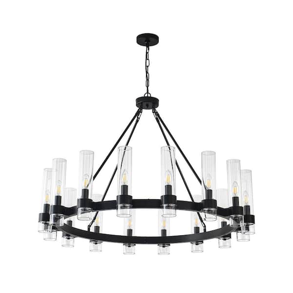 Modern 16-Light Black Wagon Wheel Chandelier with Clear Glass Shade