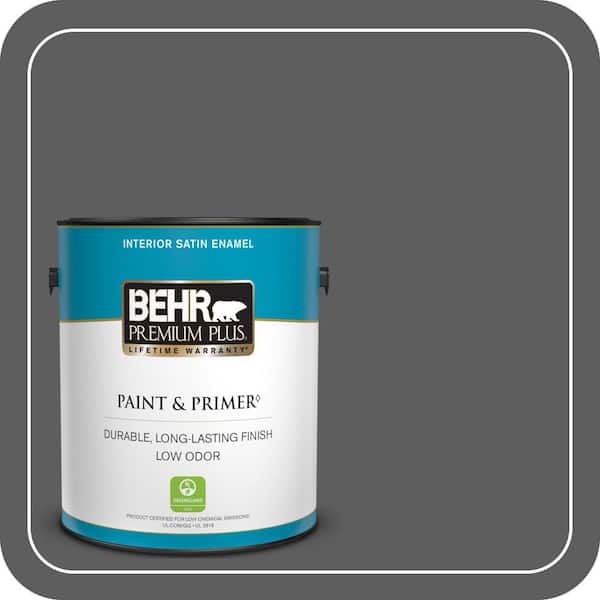 BEHR PREMIUM PLUS 1 gal. #N520-6 Asphalt Gray Satin Enamel Low Odor Interior Paint & Primer