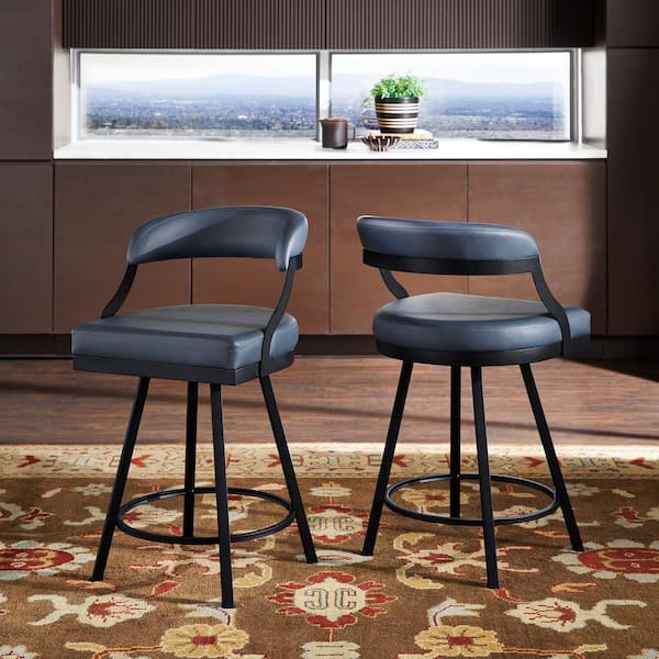 HomeSullivan 26.5 in. Blue Vegan Leather Black Finish Metal Frame Swivel Chair (Set of 2)