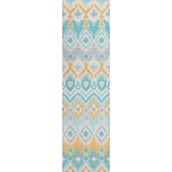 Addison Rugs Yuma Blue 2 ft. 3 in. x 7 ft. 6 in. Geometric Indoor/Outdoor Washable Area Rug
