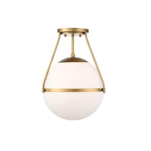 13 in. W x 17.25 in. H 1-Light Natural Brass Semi-Flush Mount Ceiling Light with Opal Glass Shade