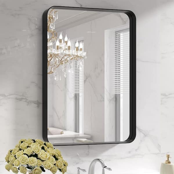 Apmir 16 in. W x 24 in. H Rectangular Aluminum Alloy Framed and Tempered Glass Wall Bathroom Vanity Mirror in Matte Black