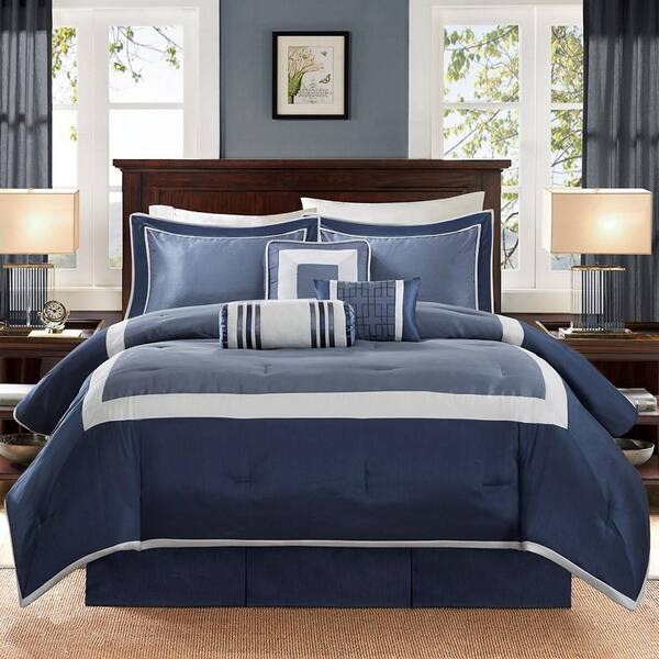 掛け布団 7点セット Genevieve/Blue 海外クイーンサイズ Genevieve 7-Piece Queen Comforter Set-Navy, Silver Colorblock