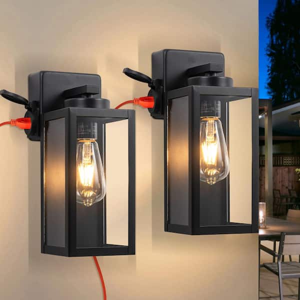 12.5 in. Matte Black Outdoor Hardwired Wall Lantern Sconce with Built-in Outlet, No Bulbs Included (2-Pack)