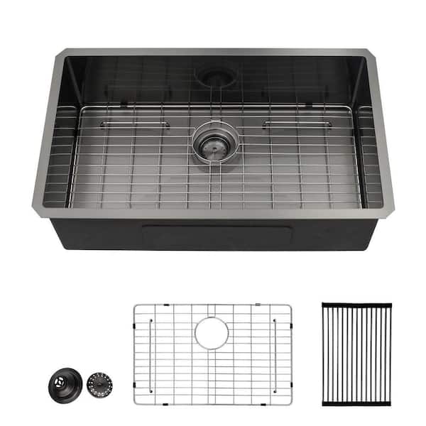 32 in. Undermount Sink Single Bowl 16 Gauge Gunmetal Black Stainless Steel Kitchen Sink with Bottom Grids
