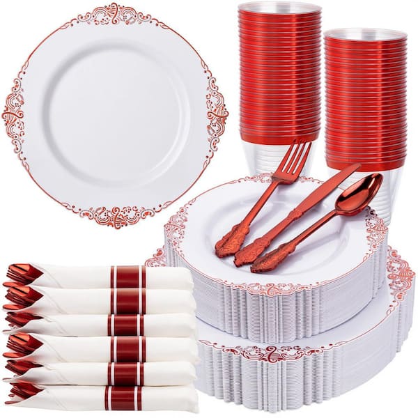 175-Piece Plastic Dinnerware Set, Service for 25, Disposable Plates, Cups, Silverware, Napkins for Christmas, in Red