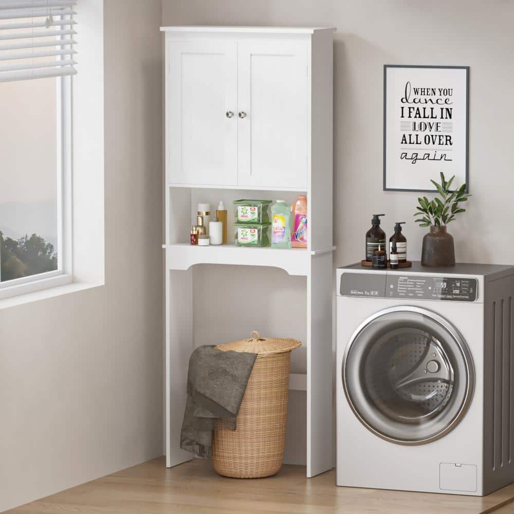 White Wood Over-the-Toilet Storage with Adjustable Shelves and Doors