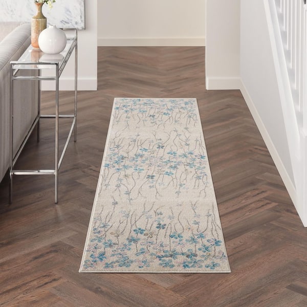 Tranquil Ivory 2 ft. x 7 ft. Floral Modern Kitchen Runner Area Rug