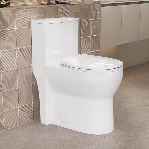 12 in. Rough in 1-piece 1.1/1.6 GPF Dual Flush Round Toilet in White with 17 in. Chair Height Soft Close Seat Included