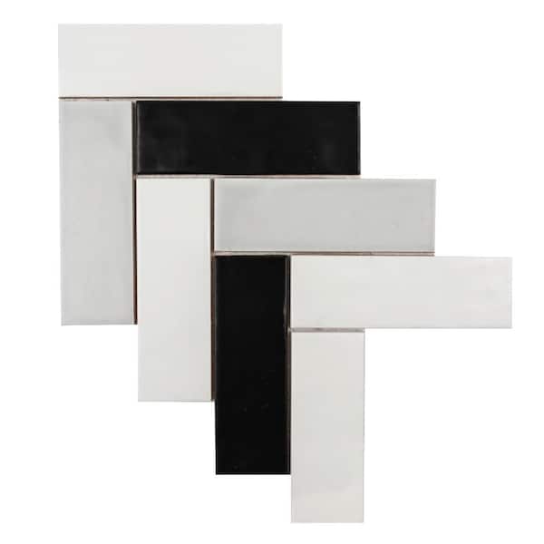 2 in. x 8 in. Herringbone White and Black 11.125 in. x 15.25 in. Matte Ceramic Mosaic Tile (8.25 sq. ft. /Case)