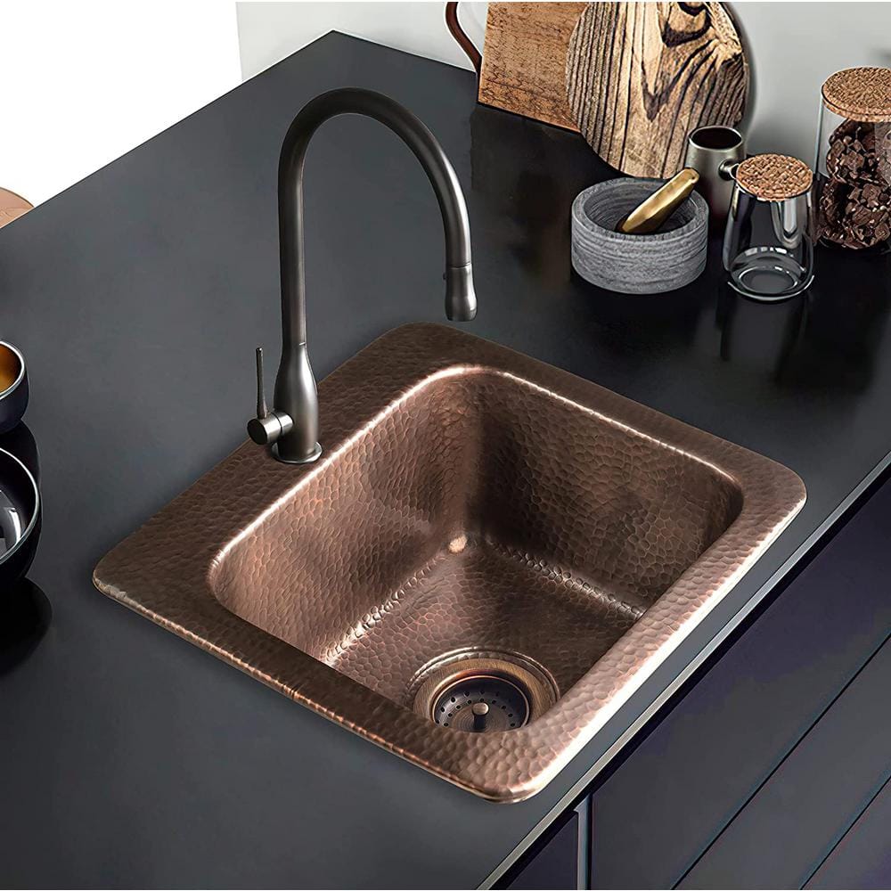 Hand Hammered Copper Drop-In Single Bowl Bar Sink 15"