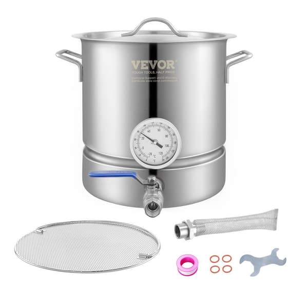VEVOR Stainless Steel Kettle 5 Gal. Brewing Pot Lid, Handle, Thermometer, Ball Valve Spigot, Filter, Filter Tray
