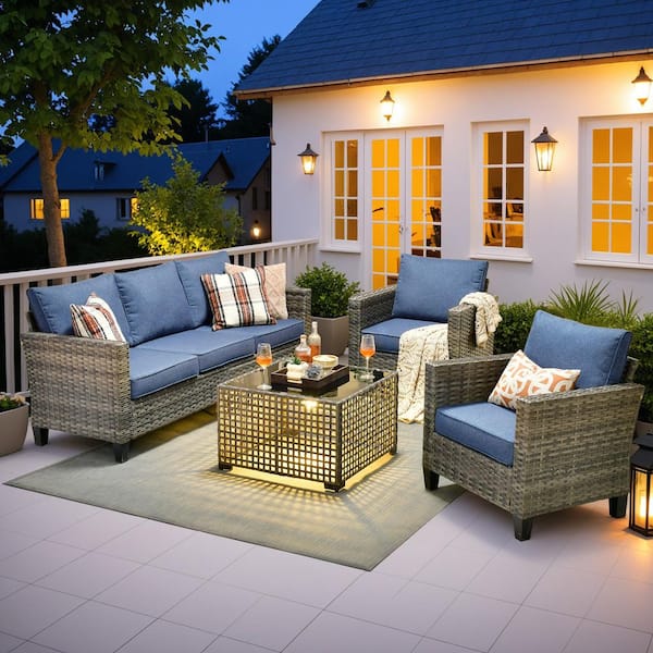 OVIOS Nvelyn Gray 4-Piece Wicker Patio Conversation Set with Denim Blue Cushions and Coffee Table