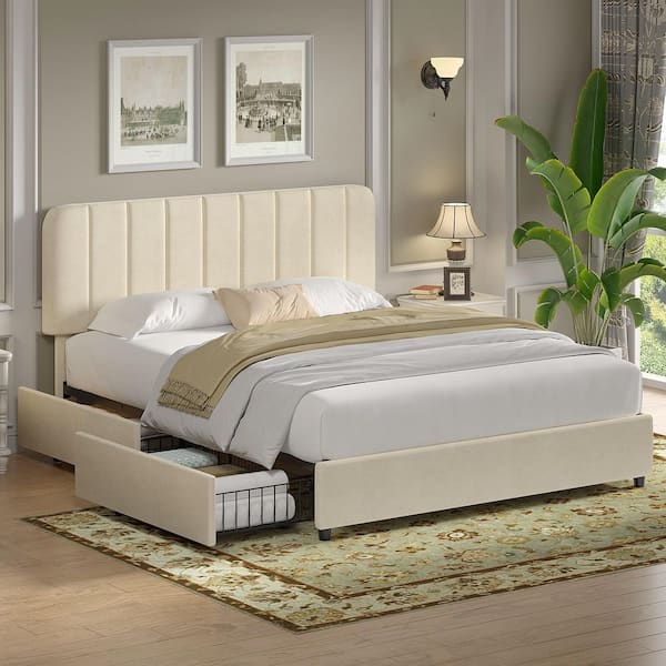 Upholstered Bed Beige Metal Frame Full Size Platform Bed with 4-Storage Drawers and Headboard, Wooden Slats Support
