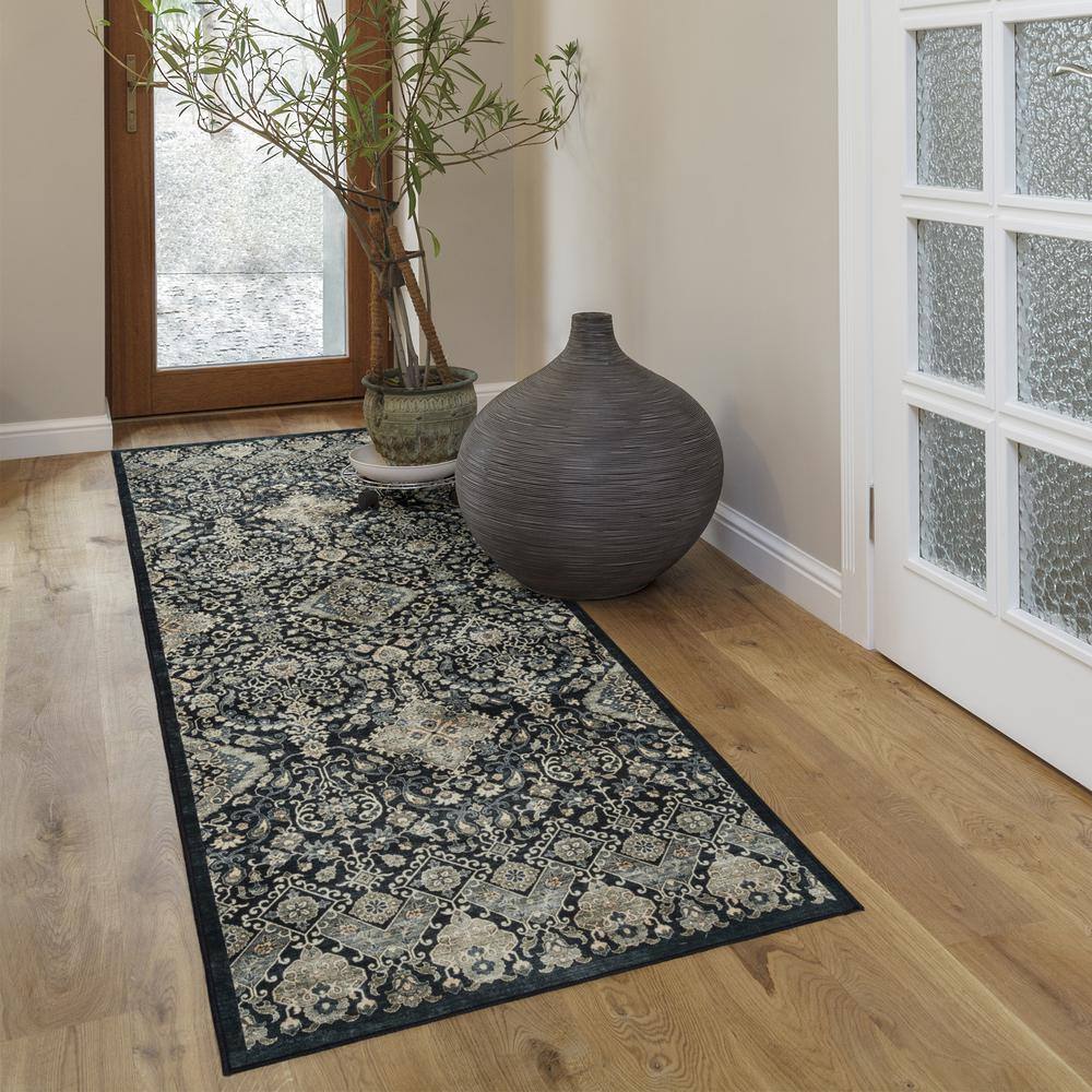 Tanis Anthracite Black and Cream Moroccan Polyester Washable Runner Rug