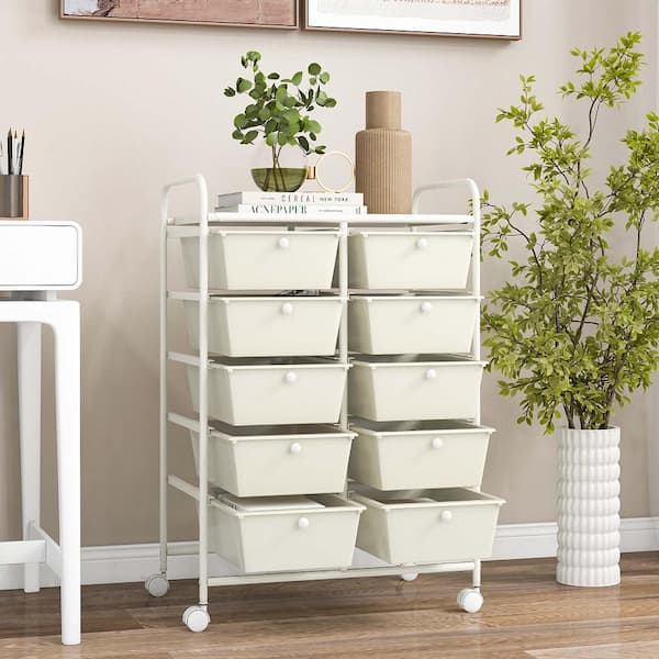 10-Drawer 4-Wheeled Plastic Storage Cart Utility Rolling Trolley Kitchen Office Organizer in White