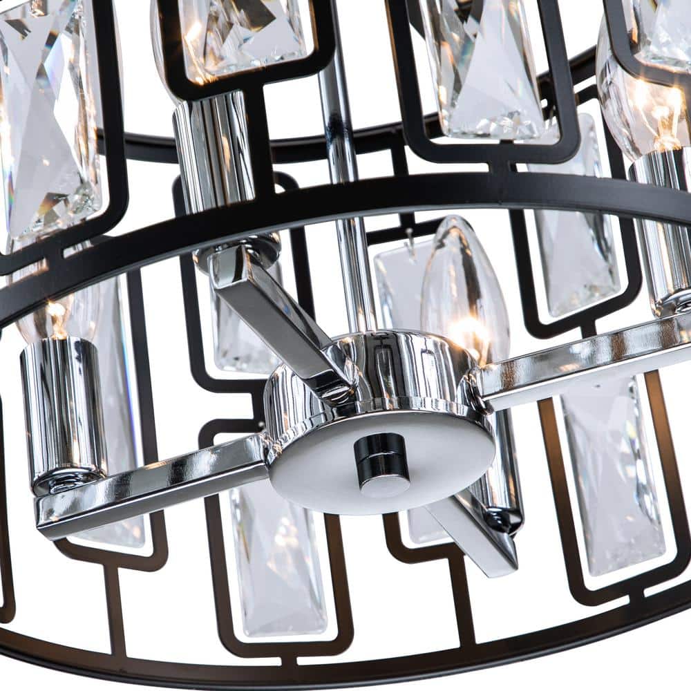 Matte Black Drum Pendant Light with Clear Crystals