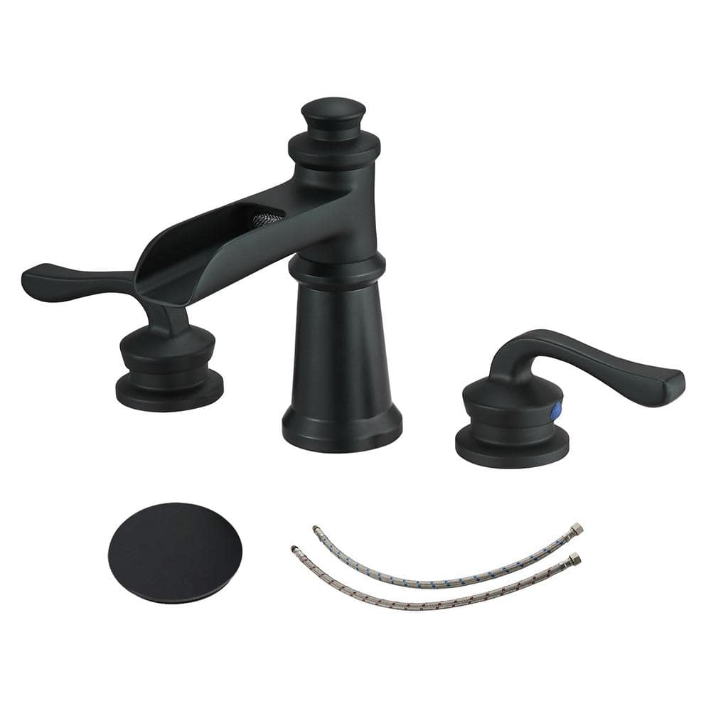 Matte Black Widespread Waterfall Bathroom Faucet with Lever Handles