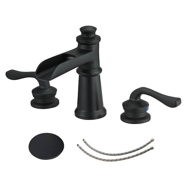 BWE 8 in. Waterfall Widespread 2-Handle Bathroom Faucet With Pop-up Drain Assembly in Spot Resist Matte Black
