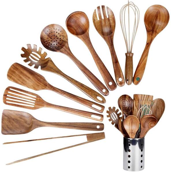 11-Piece Kitchen Utenails Set with Holder, Spatula and Ladle for Cooking, Natural Teak Wooden Kitchen Utensil Set