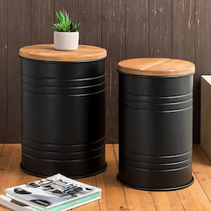Metal Storage Accent Table or Stool with Solid Wood Lid(Set of 2)