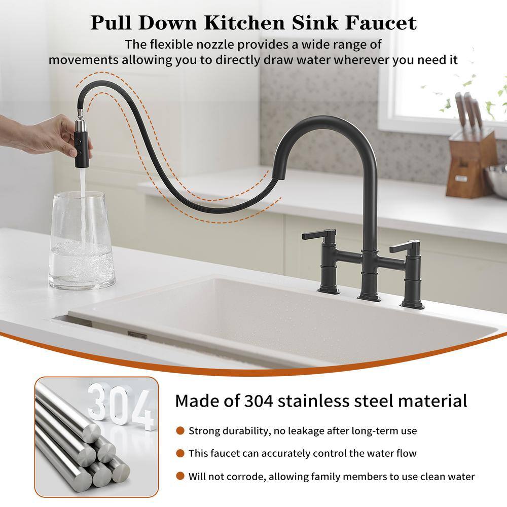 Matte Black Dual Handle Pull-Down Bridge Kitchen Faucet