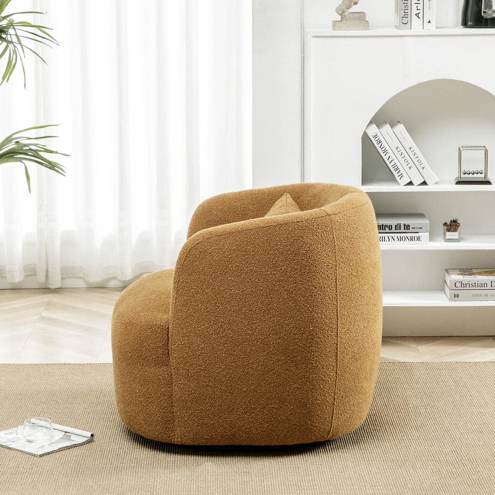 Brown Boucle Swivel Barrel Accent Chair with Pillow
