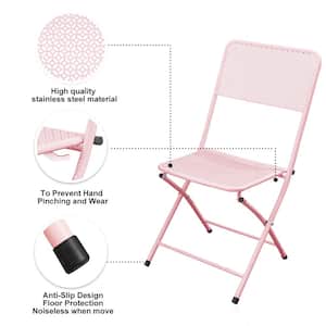 3-Piece Metal Folding Outdoor Patio Bistro Set with Folding Patio Round Table and Chairs in Pink