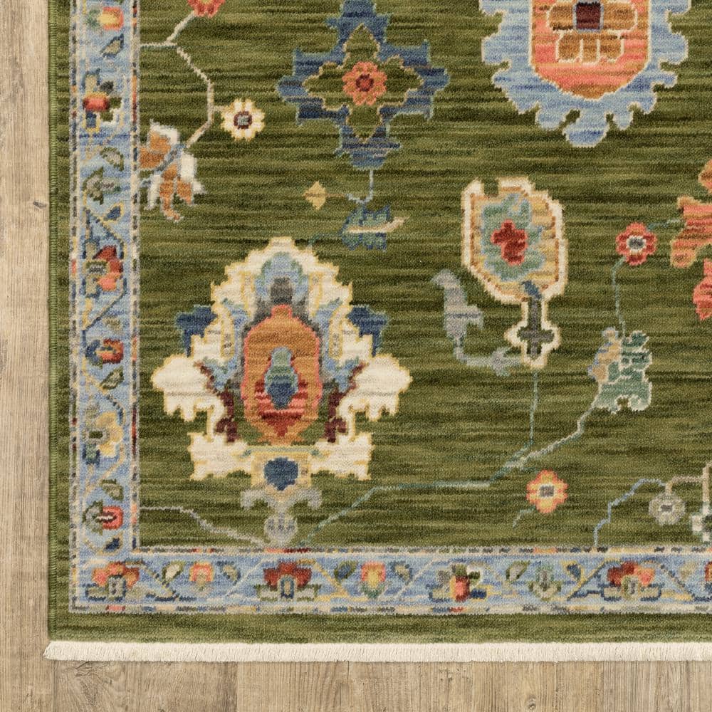 Green and Blue Wool Synthetic Oriental Runner Rug, 2' x 6'
