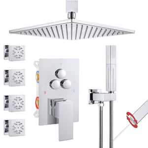 Single Handle 3-Spray Shower Faucet 1.8 GPM 10 in. Square Ceiling Mounted with Pressure Balance in. Chrome with 4-Jet