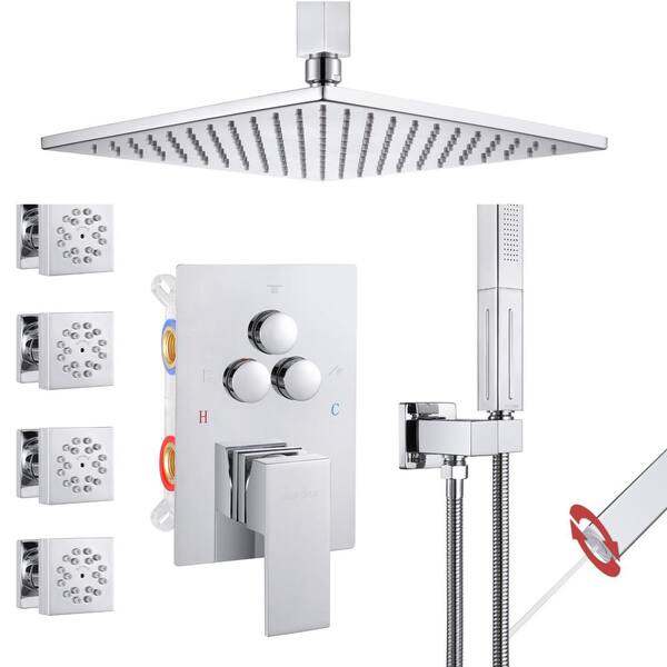 Vanfoxle Single Handle 3-Spray Shower Faucet 1.8 GPM 10 in. Square Ceiling Mounted with Pressure Balance in. Chrome with 4-Jet