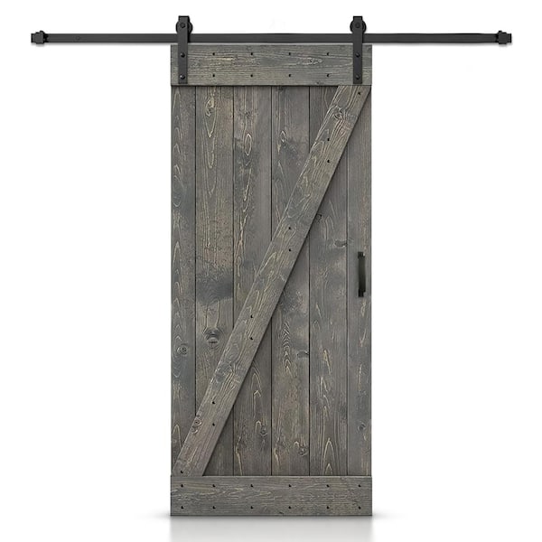 CALHOME 30 in. x 84 in. Z Series Weather Gray Stained Knotty Pine Wood Interior Sliding Barn Door with Hardware Kit and Handle