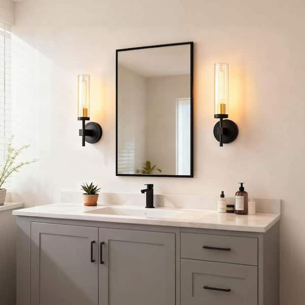 5 in. 1-Light Black Gold Bathroom Wall Sconces with Clear Glass, Modern Wall Lighting for Bathroom Bedroom, 2-Pack
