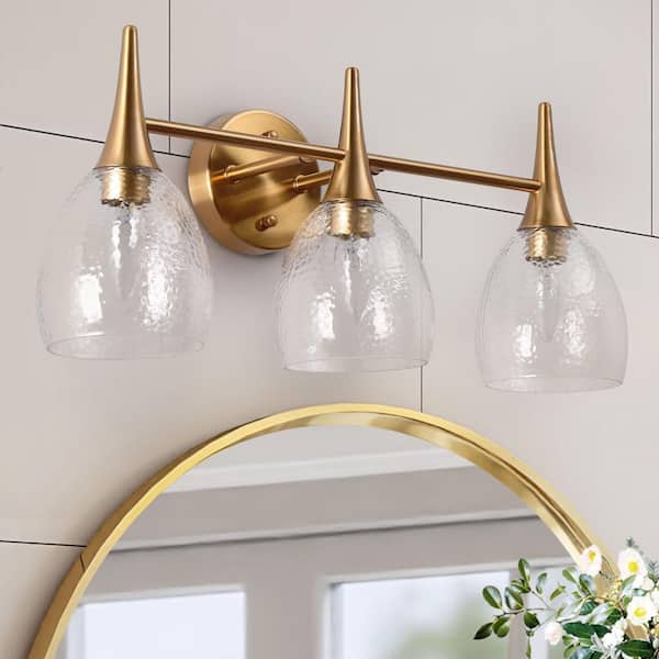 LNC Cymerlarity Modern Plating Brass Vanity Light 21.5 in. Bathroom Powder Room Wall Light with Textured Glass Shades