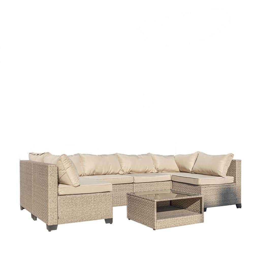 Beige 7-Piece Metal Outdoor Patio Conversation Set Sectional Sofa with Wate