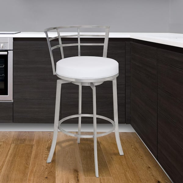 Armen Living Viper 26 in. Bar Stool in Brushed Stainless Steel with White Pu upholstery
