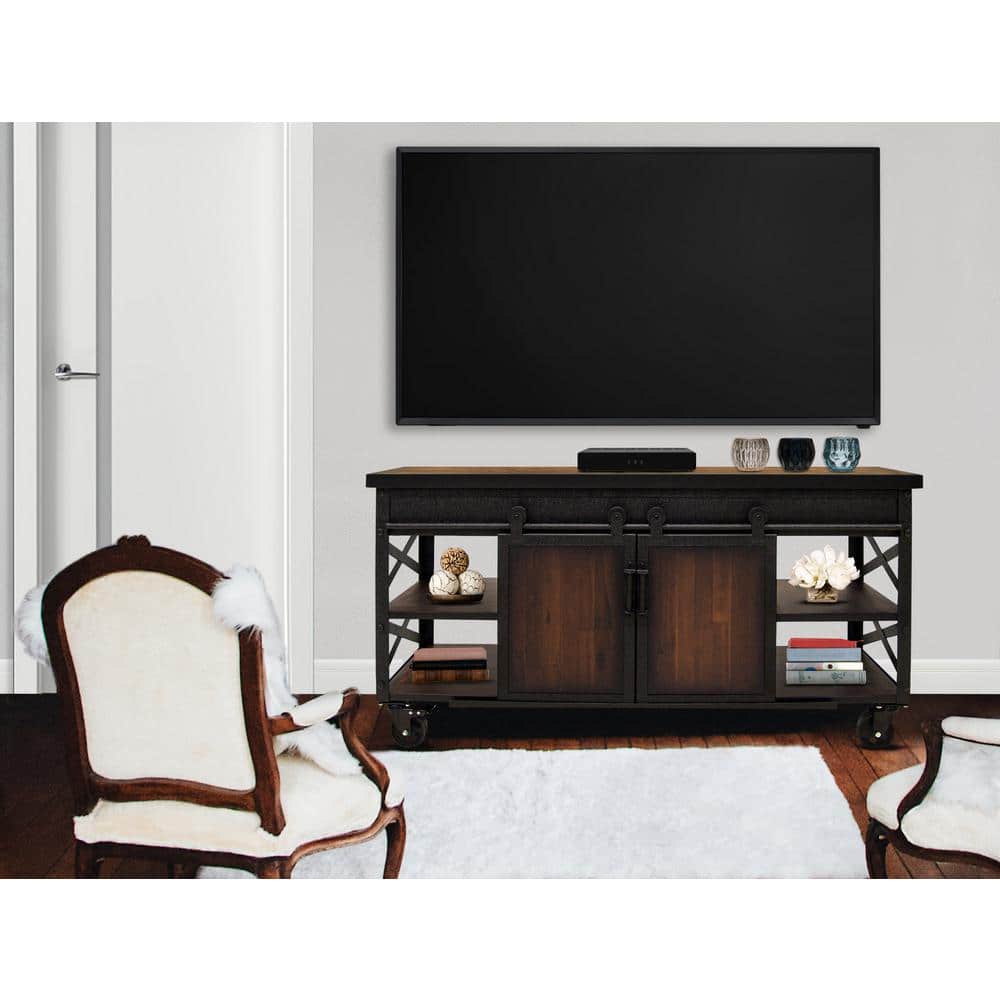 58" Black and Brown Metal and Wood Farmhouse Cabinet
