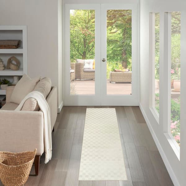 Serenity Home Ivory 2 ft. x 8 ft. Checker Contemporary Runner Area Rug