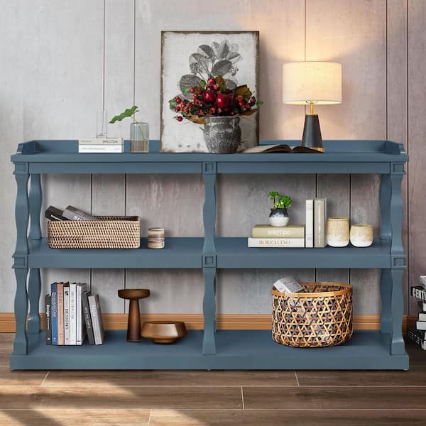 Classic 60 in. Navy Blue Rectangle MDF Console Table with 3 Tier Open Storage and Roman Column Legs