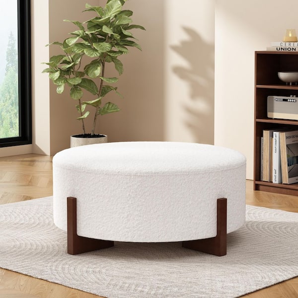 Davenport Modern Boucle Fabric Upholstered Round Accent Ottoman, Walnut Finish Solid Wood Base, White