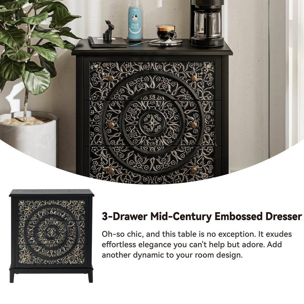 Black and Gold 3-Drawer Flower Motif Nightstand