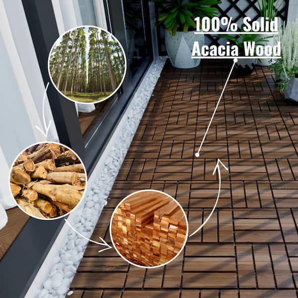 12 in. x 12 in. Outdoor Checker Square Wood Interlocking Waterproof Flooring Deck Tiles in Brown (Set of 30 Tiles)