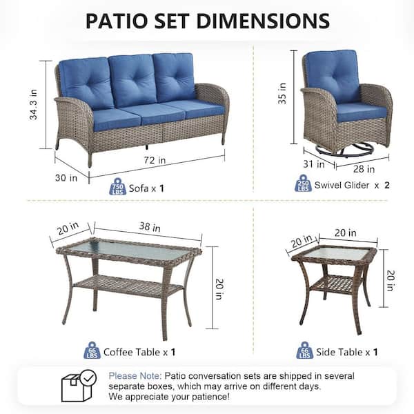 SleekArm 5-Piece Gray Wicker Patio Conversation Set with Olefin Blue Cushion and Outdoor Swivel Glider Chairs