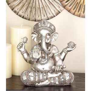 Silver Polystone Meditating Ganesh Sculpture with Engraved Carvings and Relief Detailing