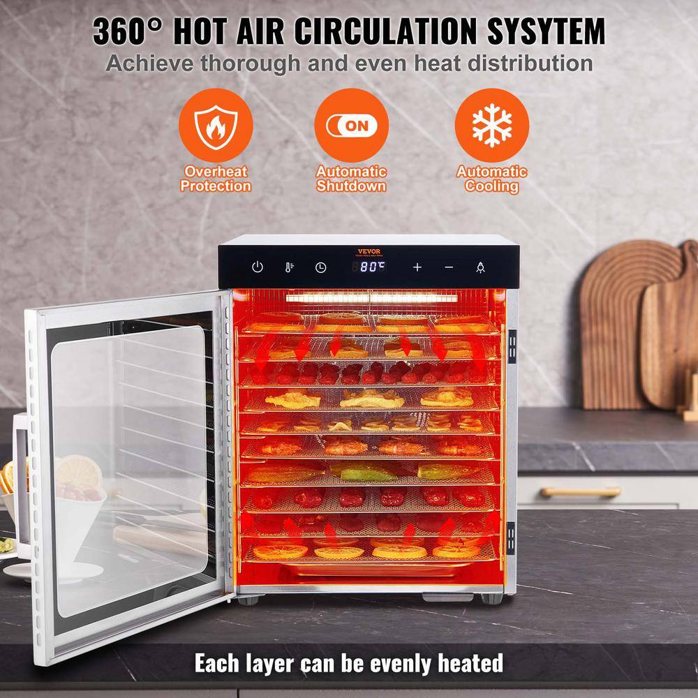 Stainless Steel 10-Tray Food Dehydrator with Adjustable Thermostat