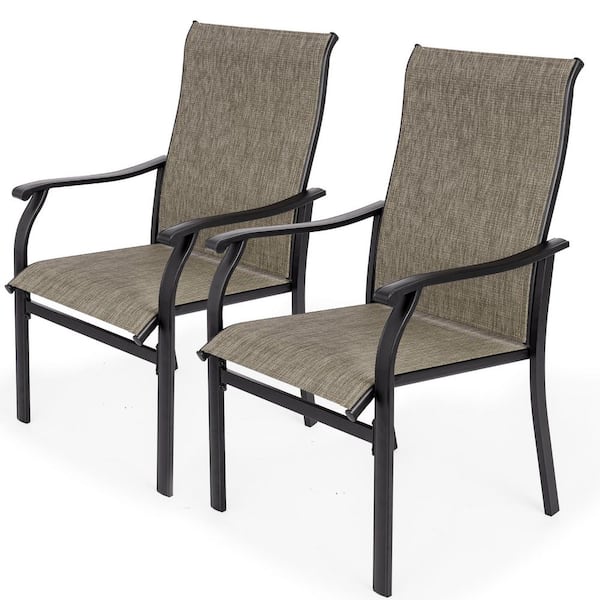 2-Piece Textilene Fabric Iron Outdoor Patio Dining Chairs for Lawn, Poolside, Garden, Backyard, Brown