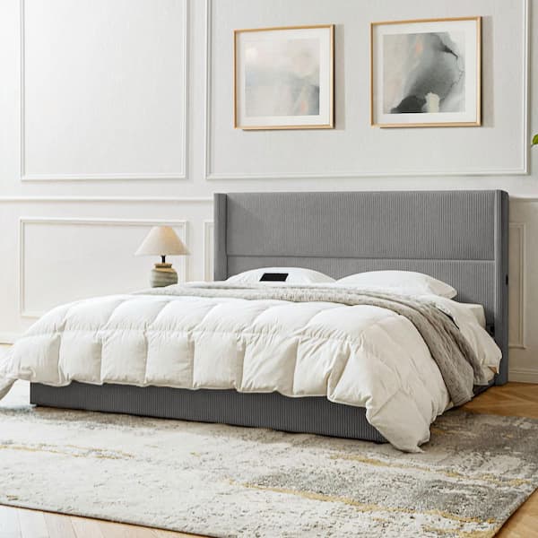 JAYDEN CREATION Genoveva Light Gray Wood Frame Queen Platform Bed with USB Charging Ports and Storage