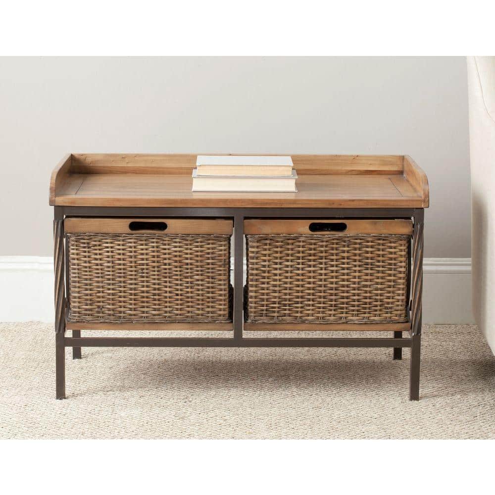 Noah Rustic Oak and Wicker Storage Bench with Drawers
